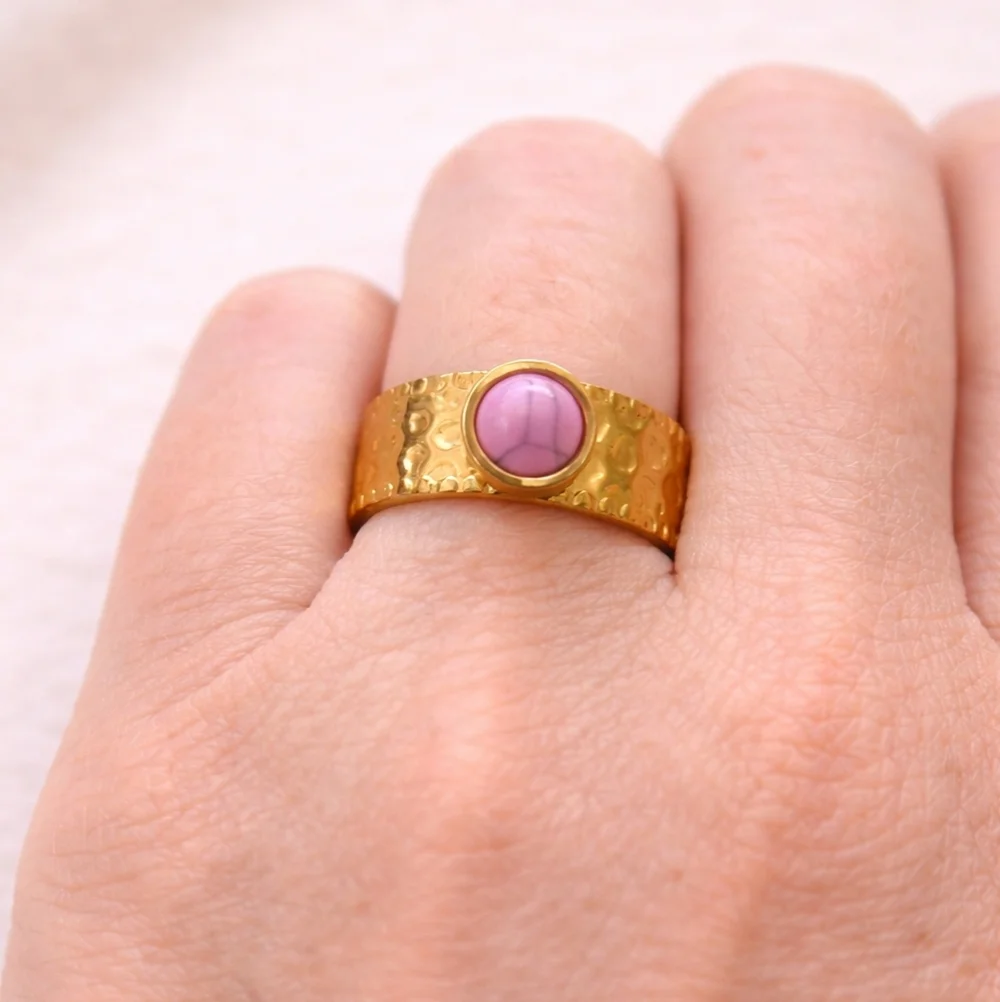 Gold Tone Hammered Adjustable Ring Pink Stone Boho Statement